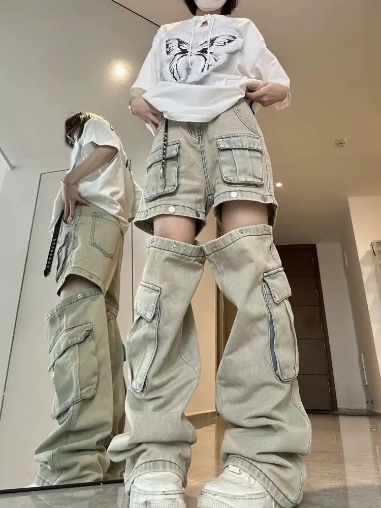 StreetMode™ – Detachable Wide Leg Jeans (Y2K Multi-Pocket Retro Style)
