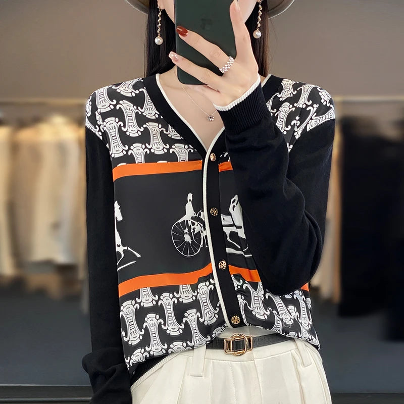 Women's Silk Print Wool Cardigan
