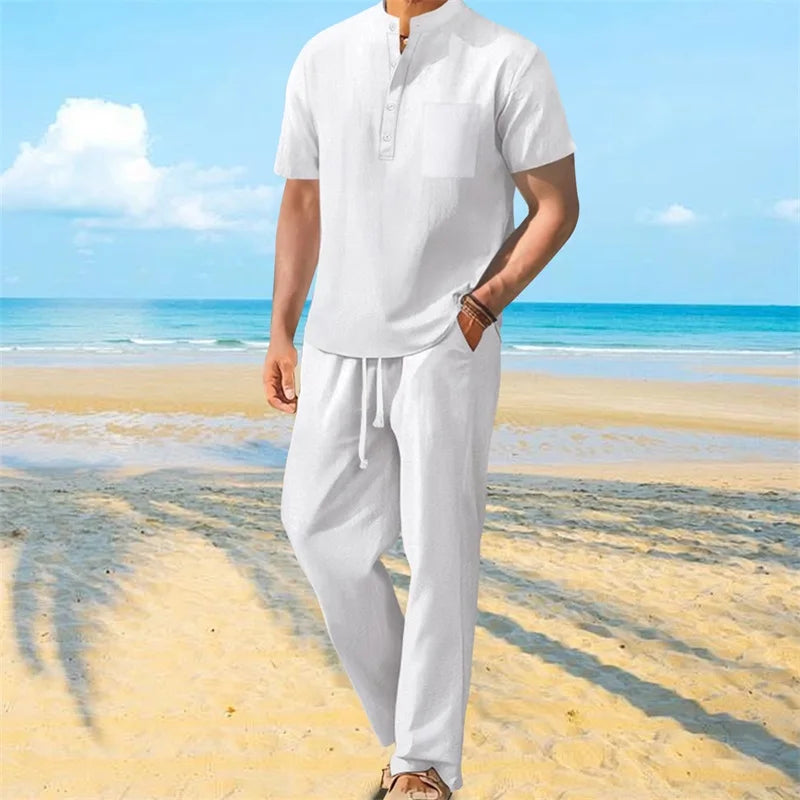Men Henley Shirt Pants Set