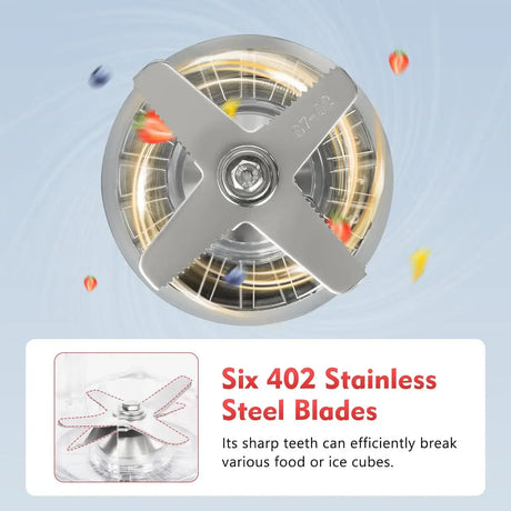 Close-up of six 402 stainless steel blades for efficient blending of food and ice in a countertop smoothie blender.