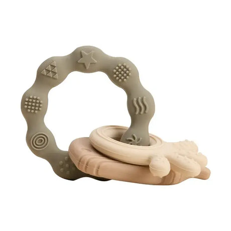 Soft silicone baby teether gloves in neutral colors, designed to soothe growing tooth pain for kids aged 0-6 years.
