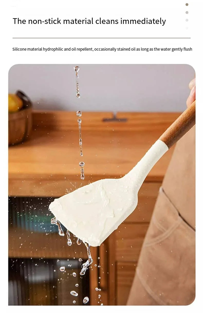 Silicone Cooking Utensil Set with Wooden Handle