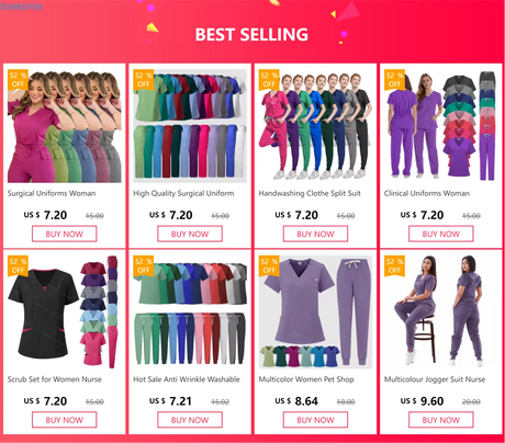 Best selling breathable medical scrub sets for women, showcasing various colors and styles for healthcare professionals.