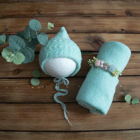 Newborn stretch knit mohair hat and wrap in soft mint green, perfect for baby photography and cozy outfits.