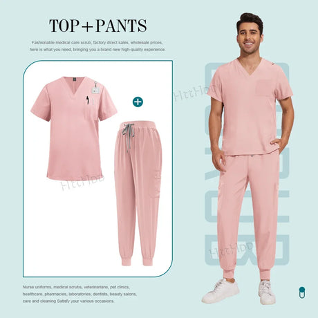 Unisex pink nurse surgical scrub suit jogger set with top and pants, perfect for medical professionals and beauty salons.