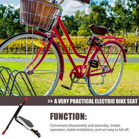 Kids electric bike seat with backrest, ideal for comfortable rides, shown on a bright red bike in a scenic park.