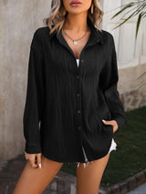 Fashionable black streetwear blouse for women with long sleeves and button-down design, perfect for spring and autumn.