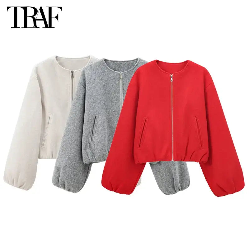 Women Red Zipper Cropped Bomber Jacket
