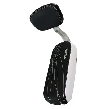 Black and white removable children's safety saddle for bikes with ergonomic headrest, ideal for kids 12+.