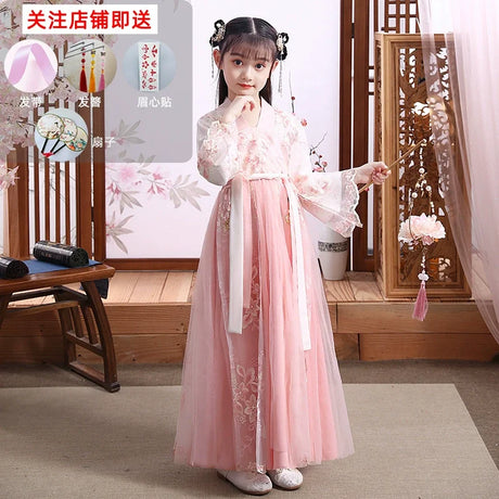 Modern fairy Hanfu girls cosplay dress in pink with lace details, perfect for Chinese cultural events and dress-up occasions.