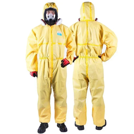 Chemical resistant yellow work coverall suit, waterproof and protective, featuring a hood and gloves for safety.