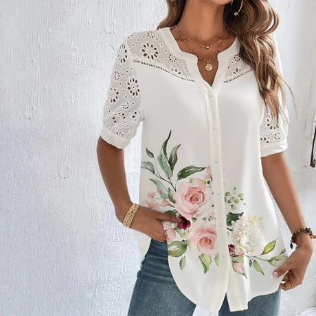 LaceMood™ casual lace shirt with floral design, short sleeves, and elegant fit for women, perfect for holiday style.