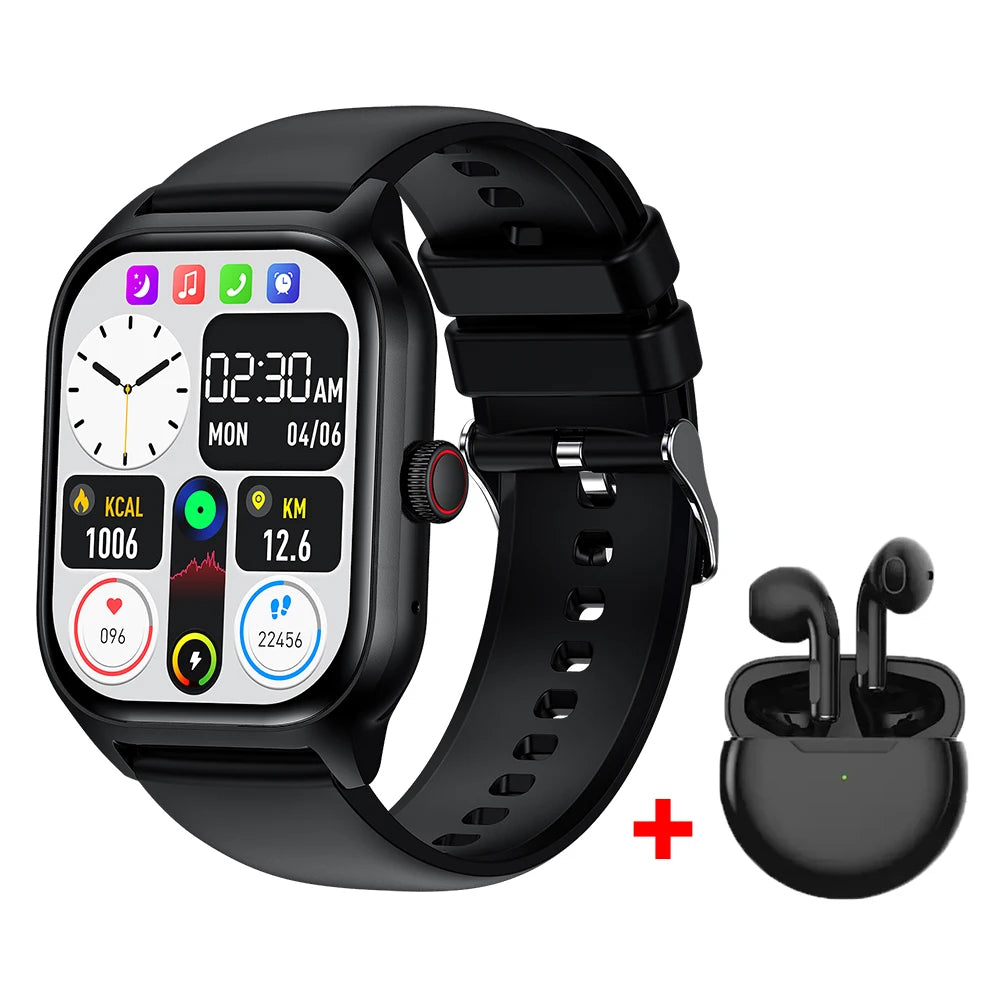 LEMFO LT10 Smart Watch 2024 with fitness tracking features and Bluetooth earbuds, black design, 2.01-inch display.