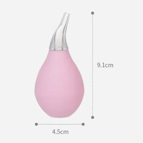 Pink kids nasal aspirator with silver tip, dimensions 9.1cm x 4.5cm, ideal for baby care and health.