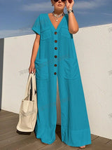 ModiWork™ – V-Neck Button Casual Office Jumpsuit (Smart, Relaxed & Stylish)