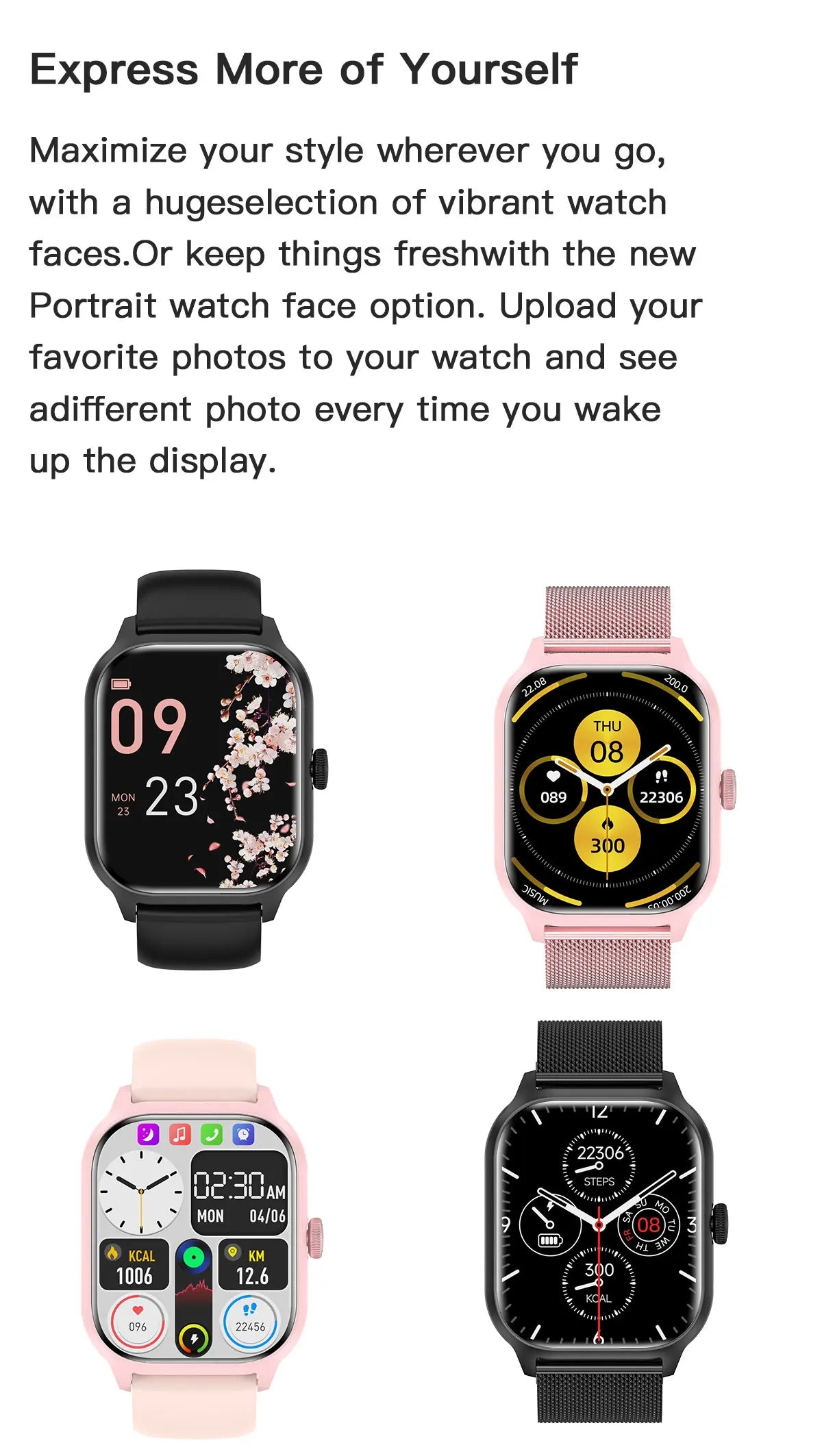 Vibrant LEMFO LT10 Smart Watch designs showcasing customizable watch faces and features for personal expression.