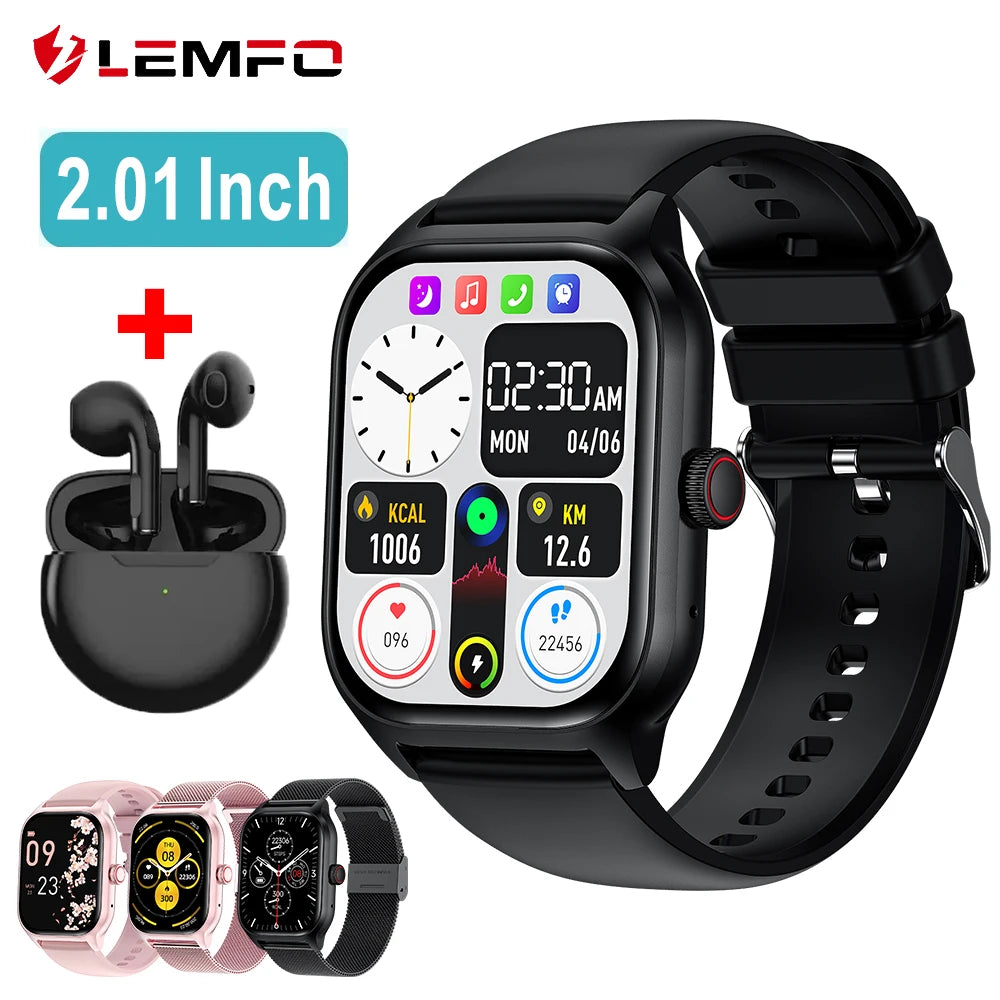 LEMFO LT10 Smart Watch 2024 with 2.01" display and Bluetooth, includes fitness tracking features.