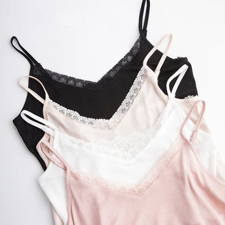 LuxeLace™ silk camisole tank tops in black, white, pink, and beige with lace detailing, showcasing a comfortable and stylish fit.