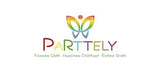 Parttely logo featuring colorful butterfly design with the text 'Fitness Cloth, Happiness, Childhood, Endless Growth'.