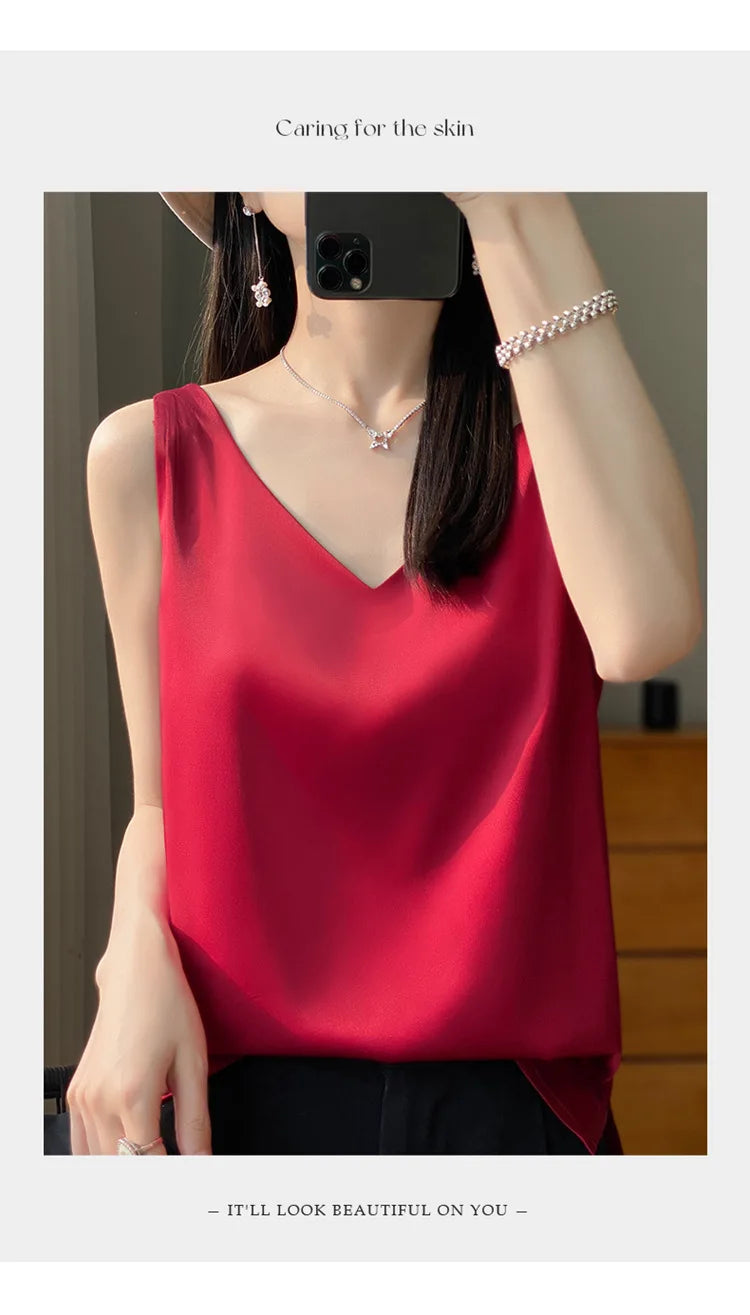 Ice Silk Satin V‑Neck Camisole Crop Top