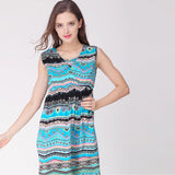 Round neck sleeveless cotton nursing dress with colorful geometric patterns, perfect for summer maternity wear.