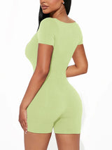 Women Solid Short Sleeve U Neck Jumpsuit