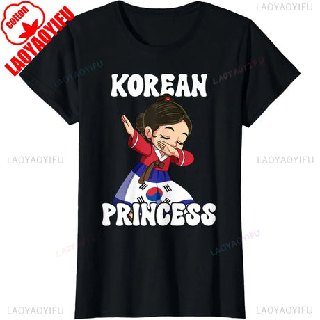 Korean Princess Cotton T-Shirt featuring playful cartoon design, pure cotton fabric, perfect for middle-aged women.