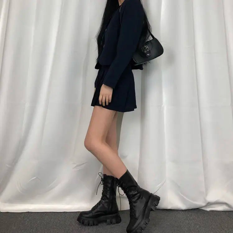 Women Mid Calf Boots Chelsea Lace Up Style