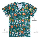 Women’s hospital nurse scrubs featuring vibrant animal prints and floral patterns, designed for comfort and style.