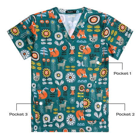 Women’s hospital nurse scrubs featuring vibrant animal prints and floral patterns, designed for comfort and style.