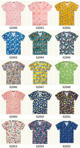 Colorful women's hospital nurse scrubs featuring various floral and anime patterns, breathable cotton fabric.