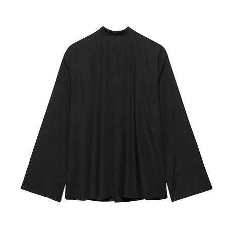 Back view of EmbroiChic™ elegant black embroidery shirt for women, featuring long sleeves and a modern Korean style.