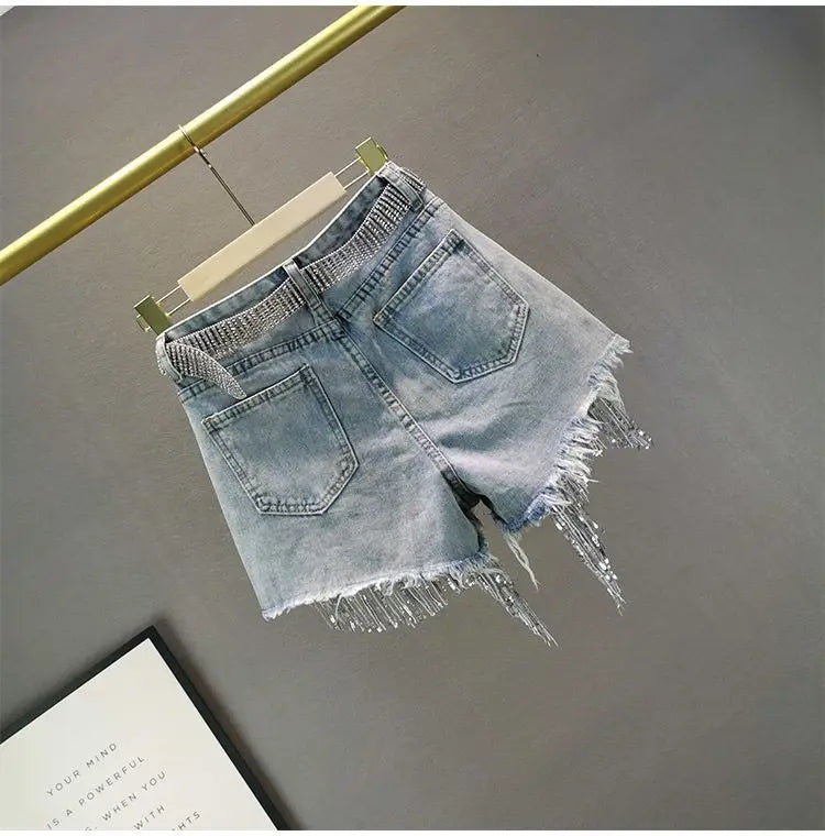GlamBeads™ – Beaded Sequin Denim Shorts (Fringed, Broken Copper Style)