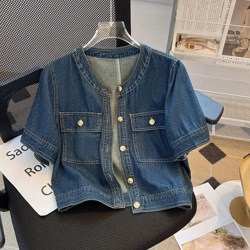 Women's Short Sleeve Denim Cropped Jacket