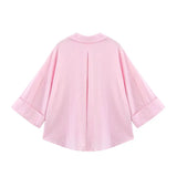 AsymLinen™ wide sleeve linen shirt in pink, showcasing a back view with turn-down collar and loose fit.