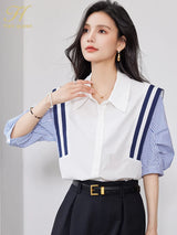 StripeMuse™ colorblock chiffon shirt featuring a trendy turn-down collar and stylish striped sleeves for a casual summer look.