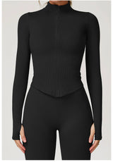 Ribbed Women's Yoga Jacket – Long Sleeve Standing Collar Fitness Top