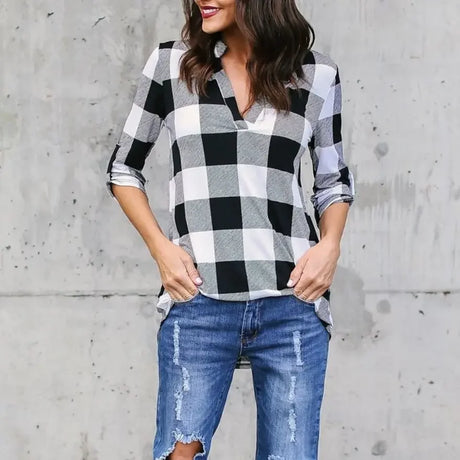 PlaidVibe™ V-Neck Summer T-Shirt, lightweight women's top in black and white checkered pattern, paired with distressed jeans.