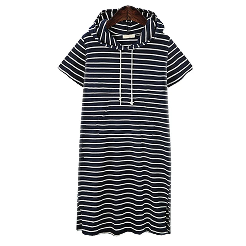 Striped pleated maternity dress in navy and white with hood and pockets, ideal for summer occasions.