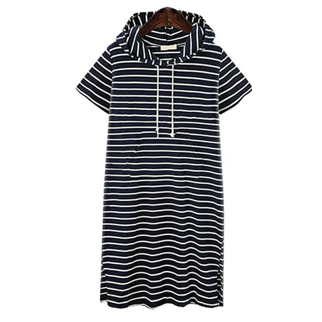 Striped pleated maternity dress in navy and white with hood and pockets, ideal for summer occasions.