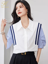 StripeMuse Colorblock Chiffon Shirt by Han Queen, featuring a modern design with a turn-down collar and loose fit.