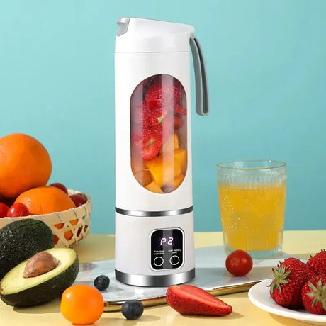 10 Blades Portable Fruit Juicer 450ml with fruits, sleek design, and digital display for easy blending.