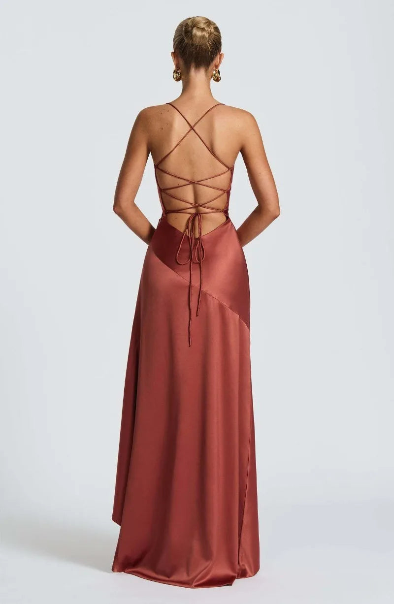 Women's Satin Lace-Up Maxi Dress