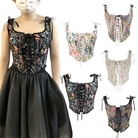 Retro corset cropped camisole party top in floral patterns, perfect for summer events and gatherings.