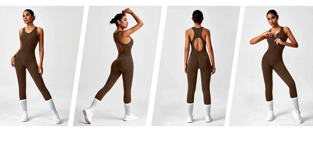 Seamless Peach Booty One-Piece Yoga Bodysuit – V-Back Tummy Control