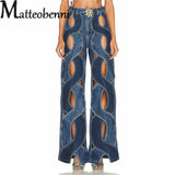 Women Hollow Out Stripe High Waist Jeans