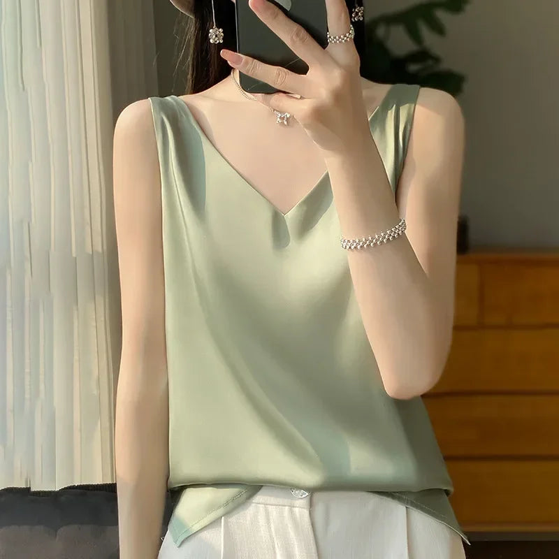 Ice Silk Satin V‑Neck Camisole Crop Top