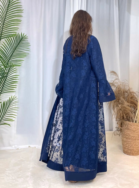 Elegant blue Dubai Moroccan Kaftan showcasing floral lace design, ideal for casual Islamic wear in all seasons.