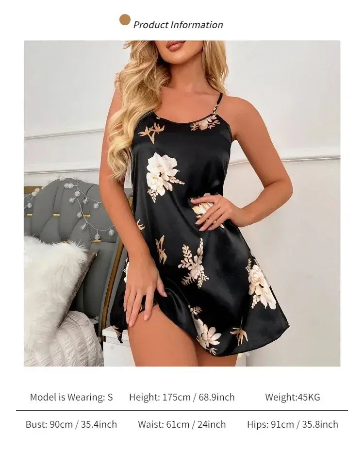 Women Black Floral Satin Nightdress Casual Sleep Shirt