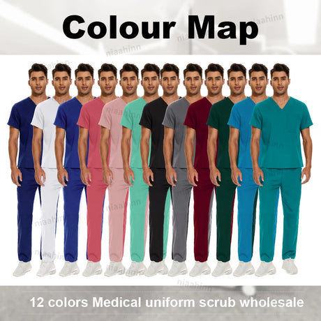 Color map showcasing 12 colors of multicolor surgical gowns and hospital scrubs for healthcare professionals.